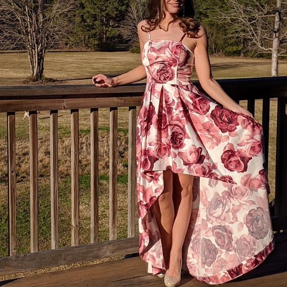 Speechless Rose Print High-Low Gown Maxi Dress Strapless White Red Size 1 - Picture 1 of 16